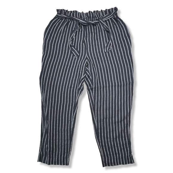 Own It High Waisted Cropped Linen Pants SIZE XL Blue Gray Striped Belted Italy - Picture 1 of 10